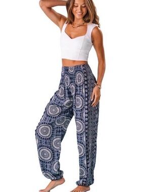 Lotus and Luna Women's Harem
Pants Thai Pants Beach Lounging Blue White Small